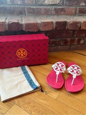 Tory Burch Pink Strawberries N’ Cream Patent Leather Miller Sandals